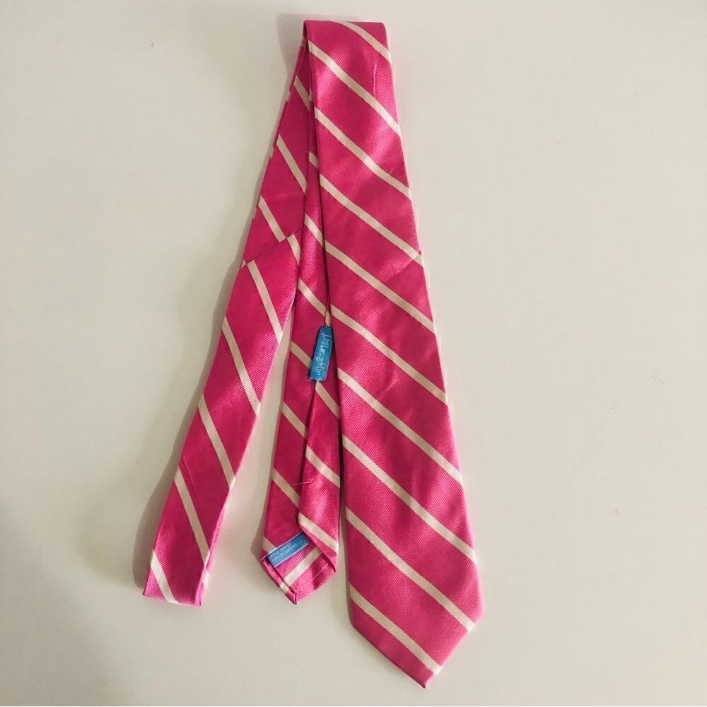 J. Mclaughlin Silk Striped‎ Necktie 100% Silk Pink/White Classic Tie